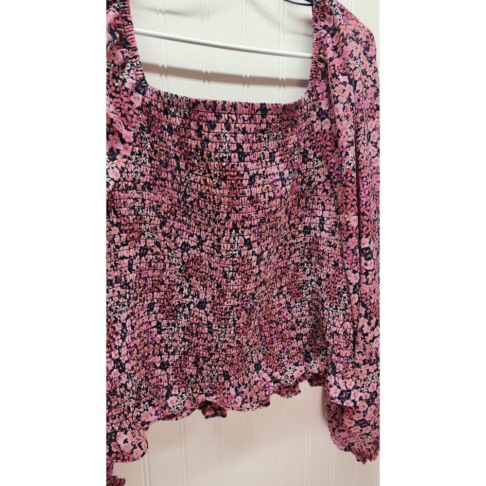 Vince Camuto  Pink Floral Smocked Square Neck Long Sleeve Blouse With Ruffle Hem - Picture 4 of 11